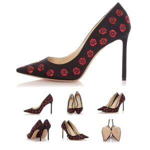 Jimmy Choo Black Heels with Red Floral Design